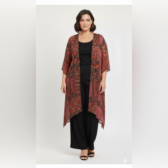 Torrid Pink, Orange and Dark Green Patterned Kimono Size 1X NWT - Picture 2 of 6